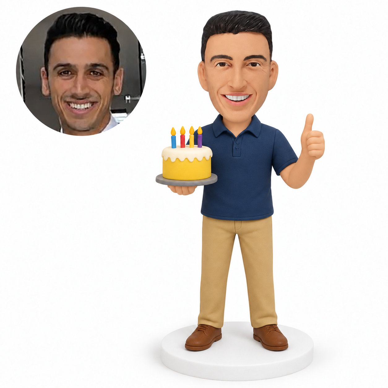 custom bobblehead figure man holding a birthday cake while giving a thumbs-up