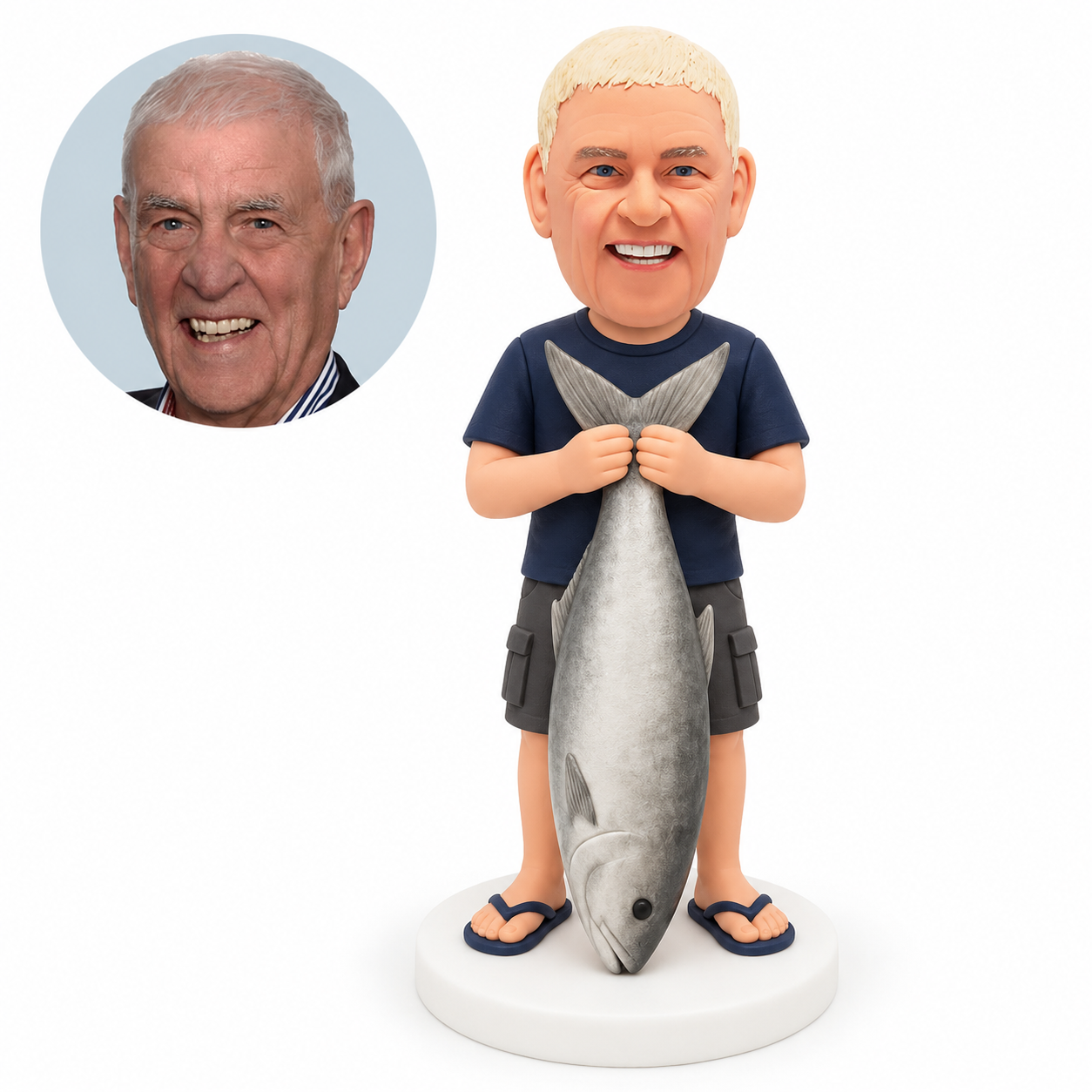 custom bobblehead figure man holding a huge fish head-down by its tail with both hands