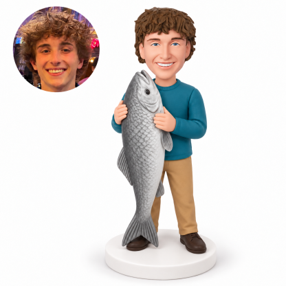 custom bobblehead figure man holding a huge upright fish with both hands