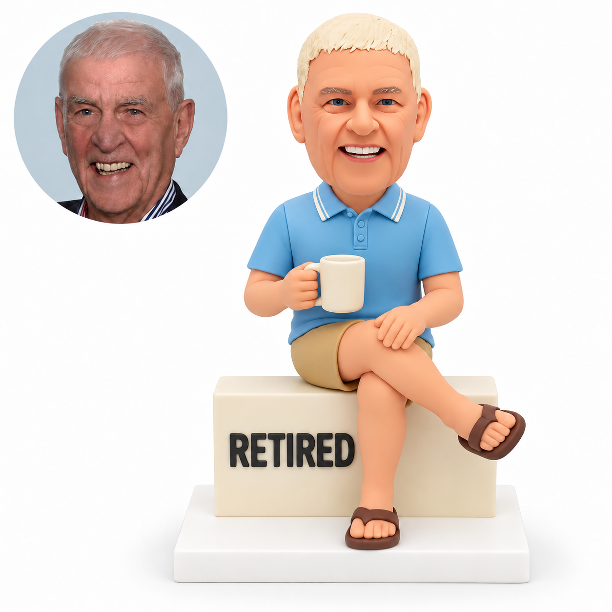 custom bobblehead figure retired man seated cross-legged on a block with a mug