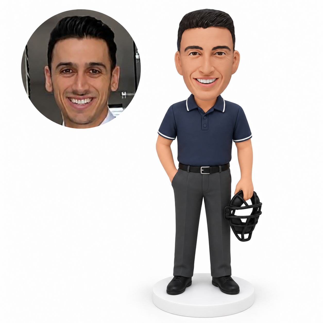custom bobblehead figure male baseball umpire holding a face mask with one hand in his pocket