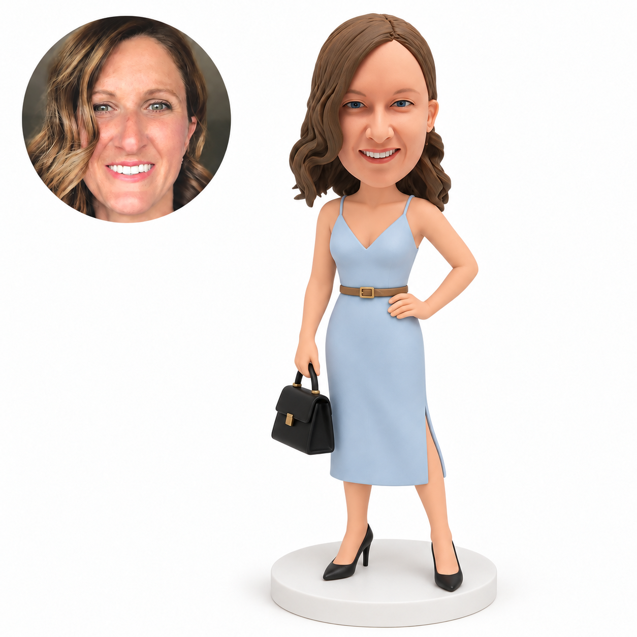 custom bobblehead figure woman in a belted slit midi dress carrying a handbag with one hand on her hip
