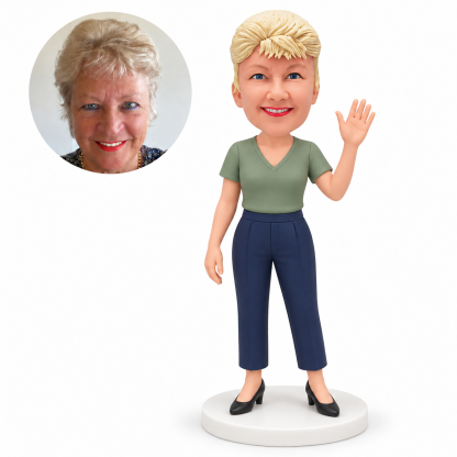 custom bobblehead figure woman in a V-neck top and cropped trousers waving
