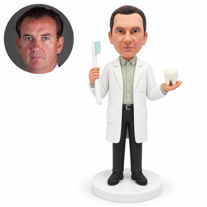 custom bobblehead figure male dentist holding an upright toothbrush and a tooth model in open hands