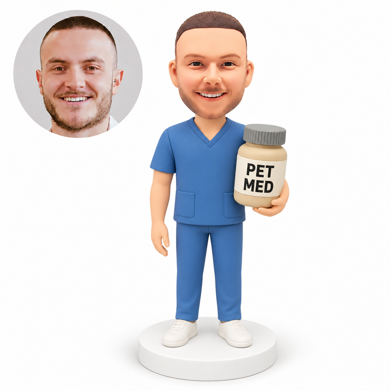 custom bobblehead figure male veterinarian in scrubs holding a large pet medicine bottle