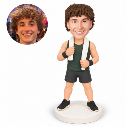 custom bobblehead figure man in gym shorts holding both ends of a towel around his neck