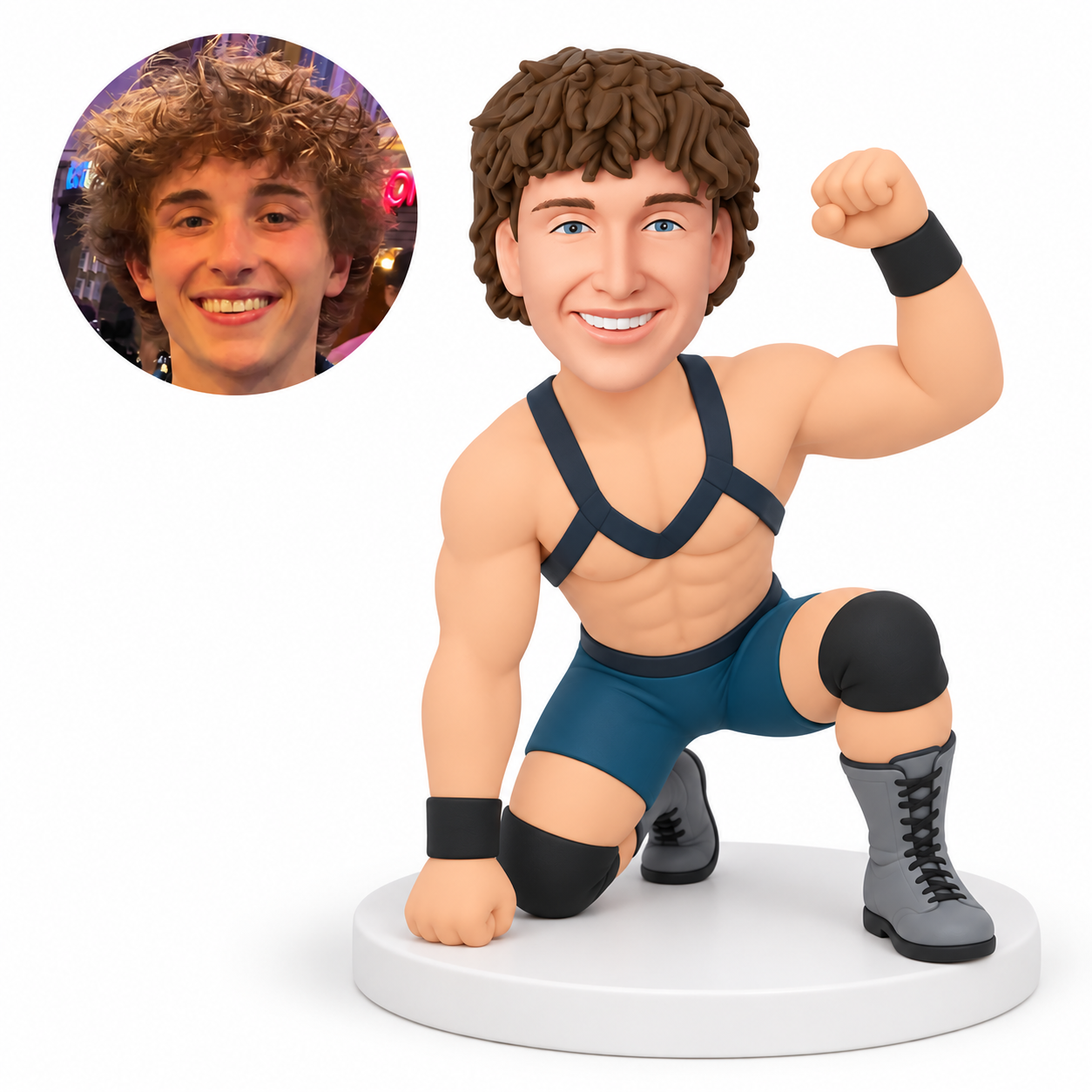 custom bobblehead figure male wrestler in a forward kneeling pose with one fist on the base and his other fist raised