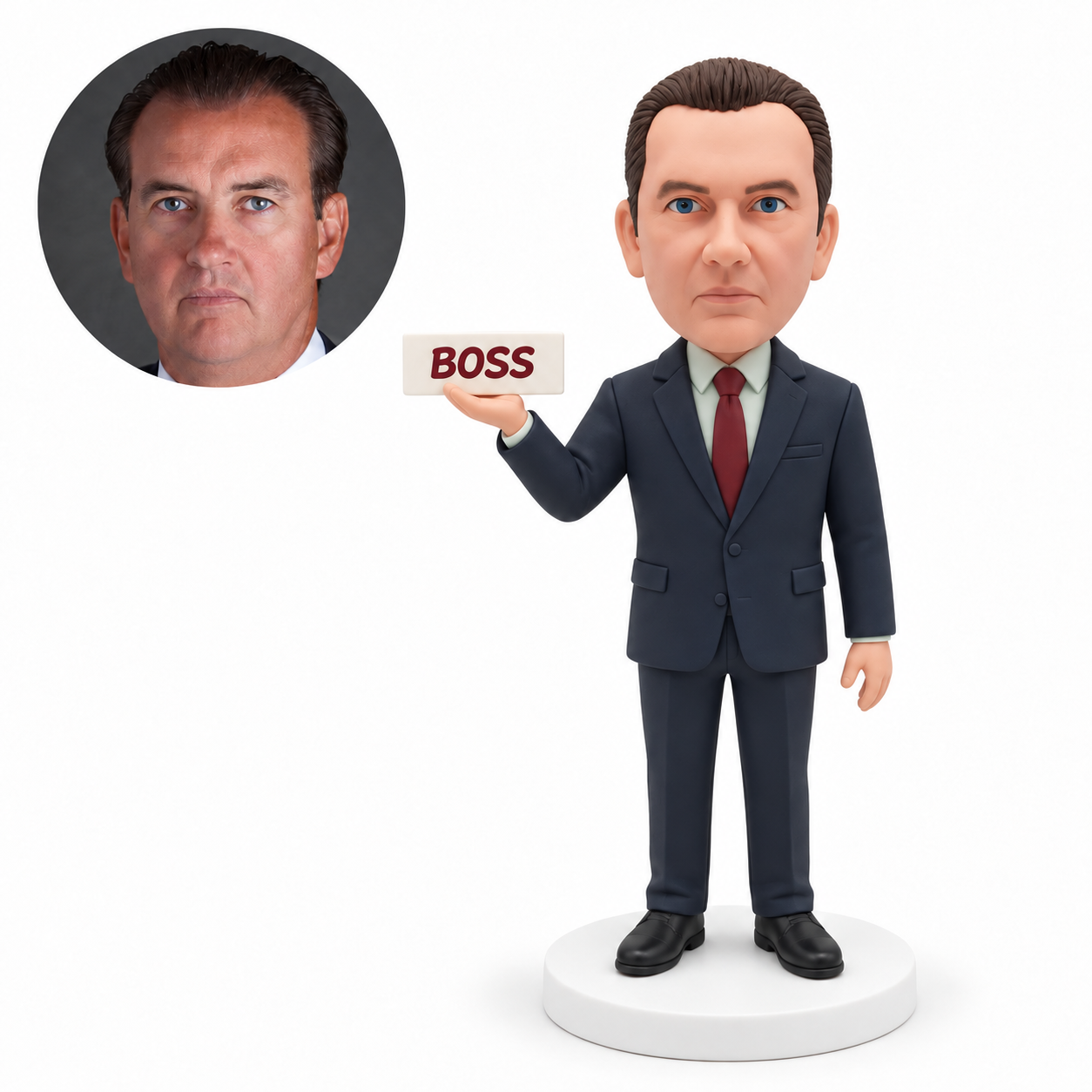 custom bobblehead figure businessman supporting a small boss sign on one open palm with his other arm down