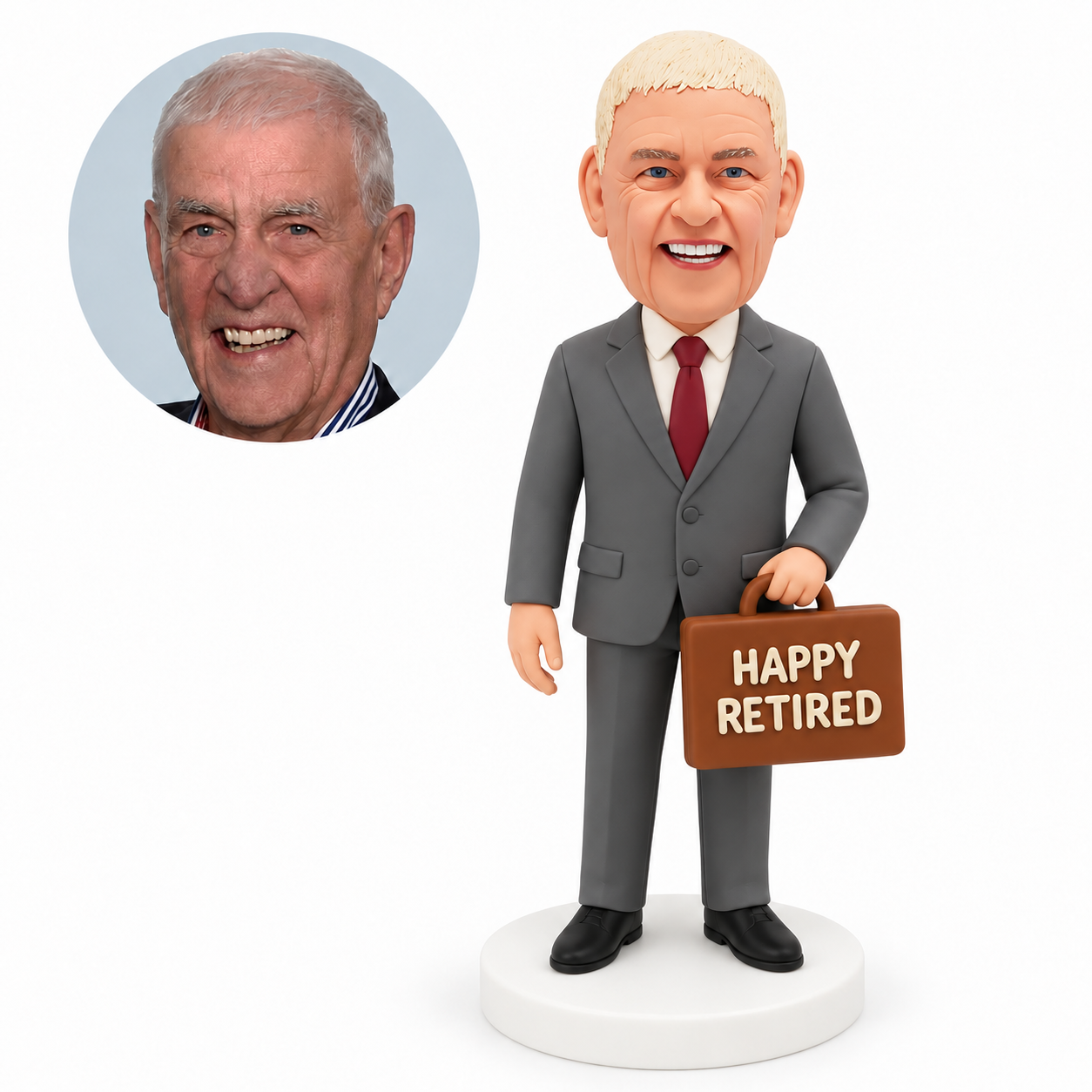 custom bobblehead figure retired businessman holding a horizontal briefcase by its handle in front of one thigh with his other arm down