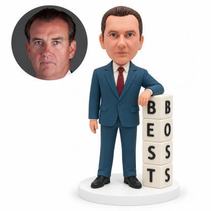 custom bobblehead figure businessman standing with feet apart and one forearm resting on a four-block best boss tower