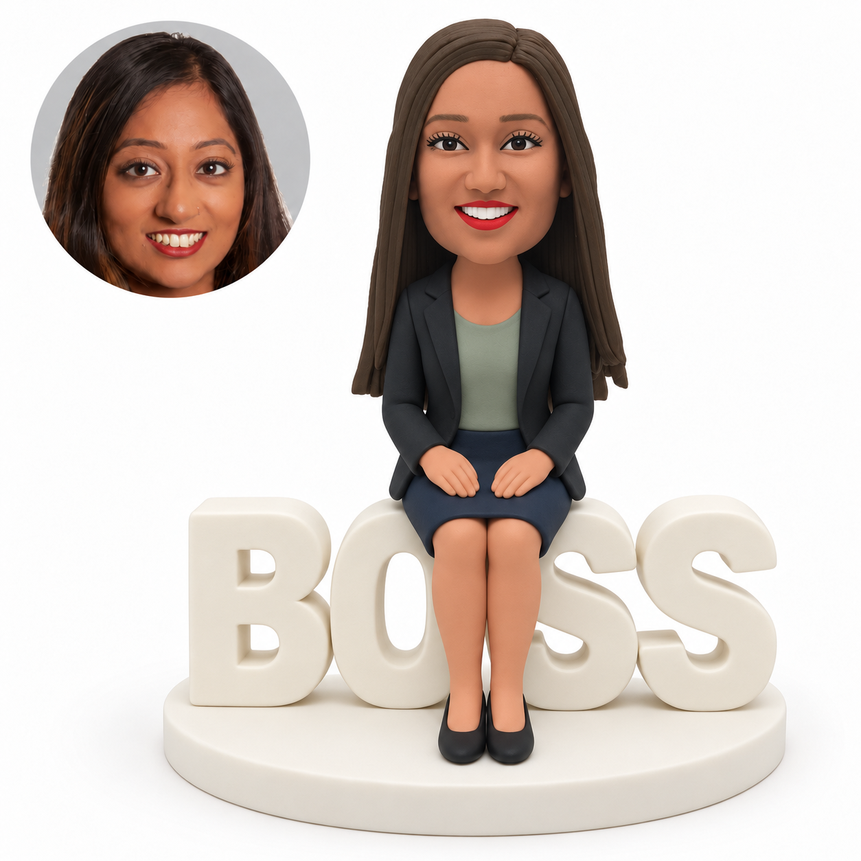custom bobblehead figure woman in a skirt seated on BOSS letters with feet together and hands resting separately on her lap MGA-AC1203
