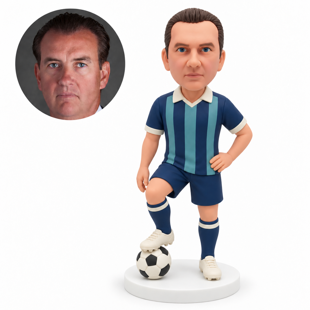 custom bobblehead figure male soccer player with one hand on his hip and one foot resting on a ball