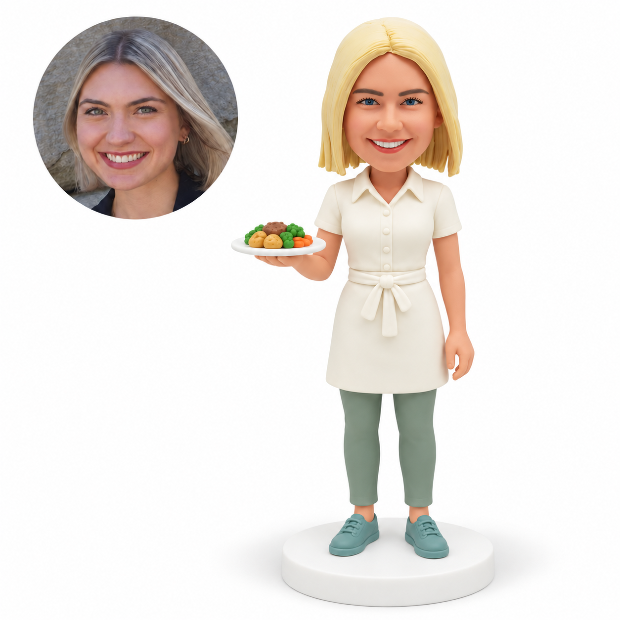 custom bobblehead figure female server in an apron supporting a plate of food with one hand
