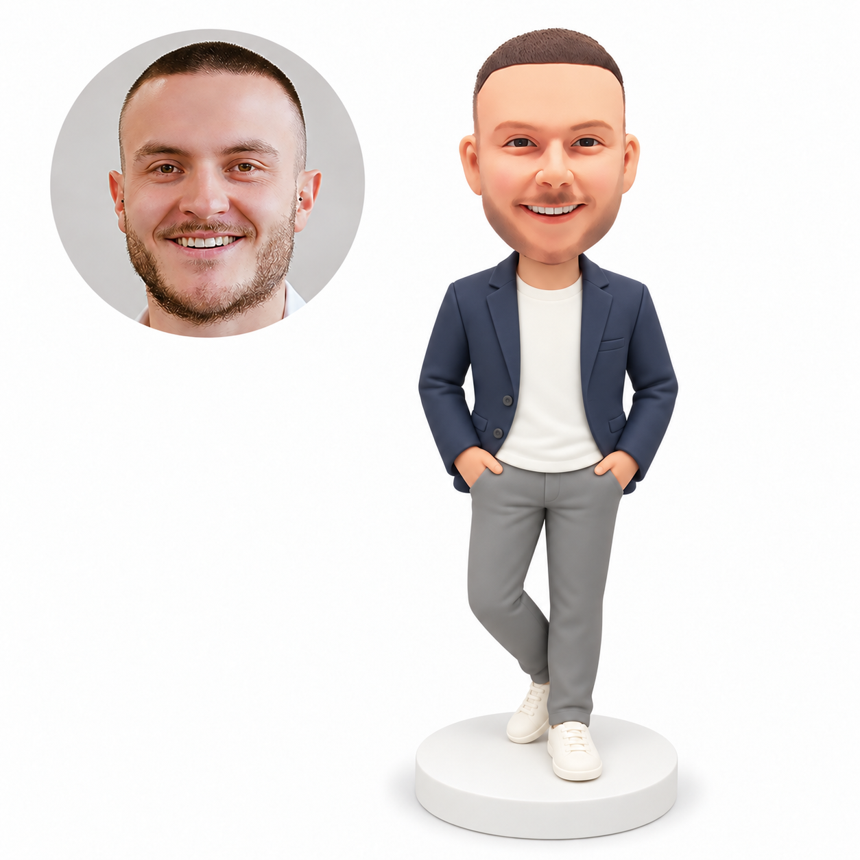 custom bobblehead figure man in a blazer standing with crossed legs and both hands in his trouser pockets MGA-AC1233