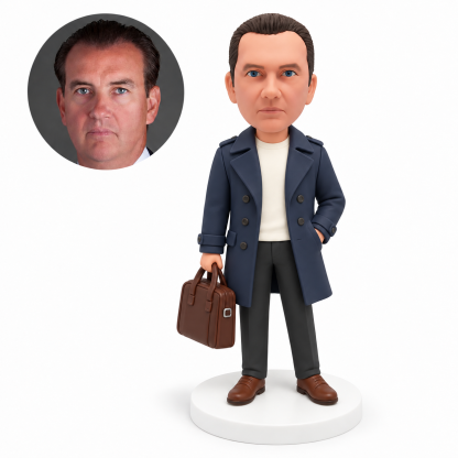 custom bobblehead figure man in a trench coat carrying a bag with his other hand in a coat pocket MGA-AC1245