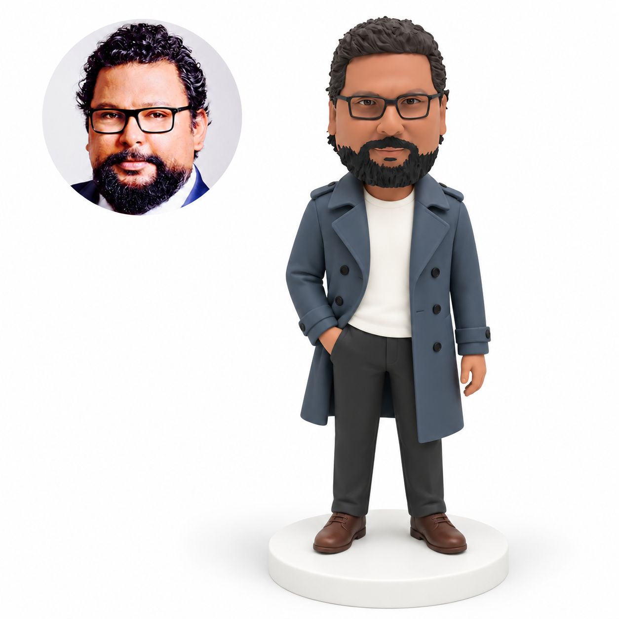 custom bobblehead figure man in a trench coat with one hand in a trouser pocket and his other arm down MGA-AC1254