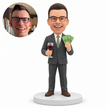 MGA-AC1290 custom bobblehead figure businessman in a suit holding a wine glass and banknotes