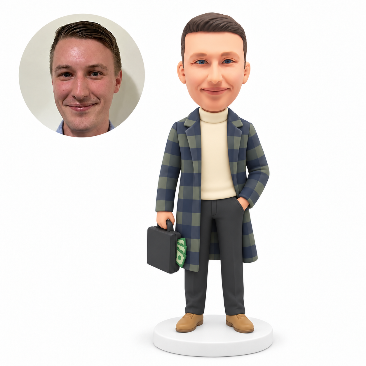 MGA-AC1291 custom bobblehead figure man in a long coat carrying a money case with his other hand in his trouser pocket