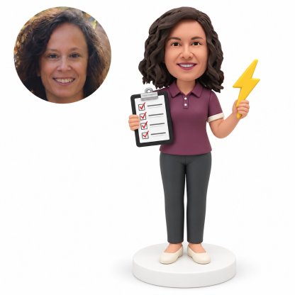 custom bobblehead figure woman holding a clipboard and a lightning bolt symbol MGA-AC1309