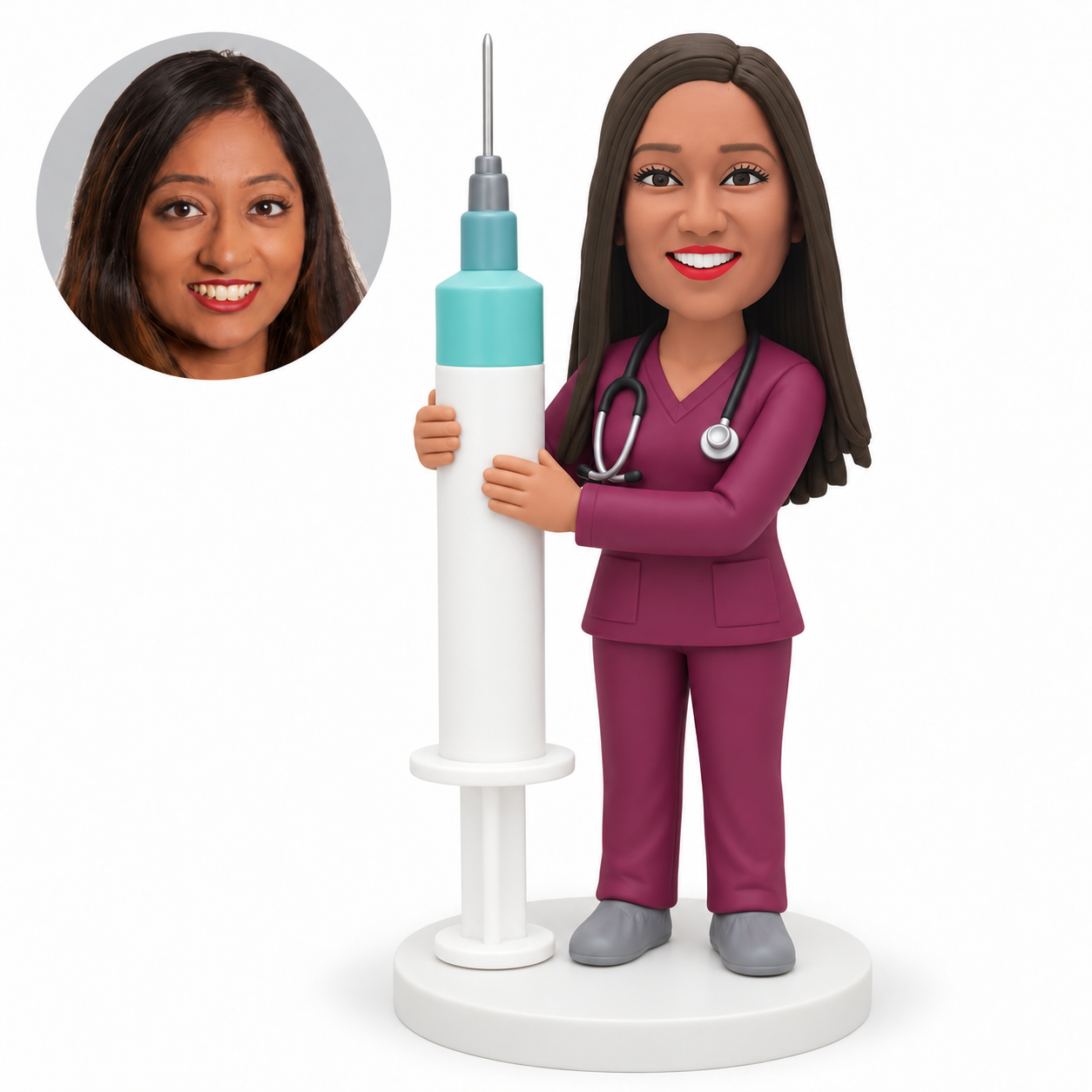 Custom bobblehead figure female medical worker holding a floor-standing giant syringe with both hands