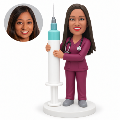 Custom bobblehead figure female medical worker holding a floor-standing giant syringe with both hands