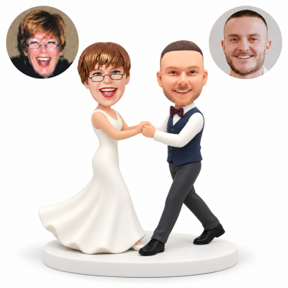 custom bobblehead figures wedding couple dancing with both hands joined and the groom in a lunge