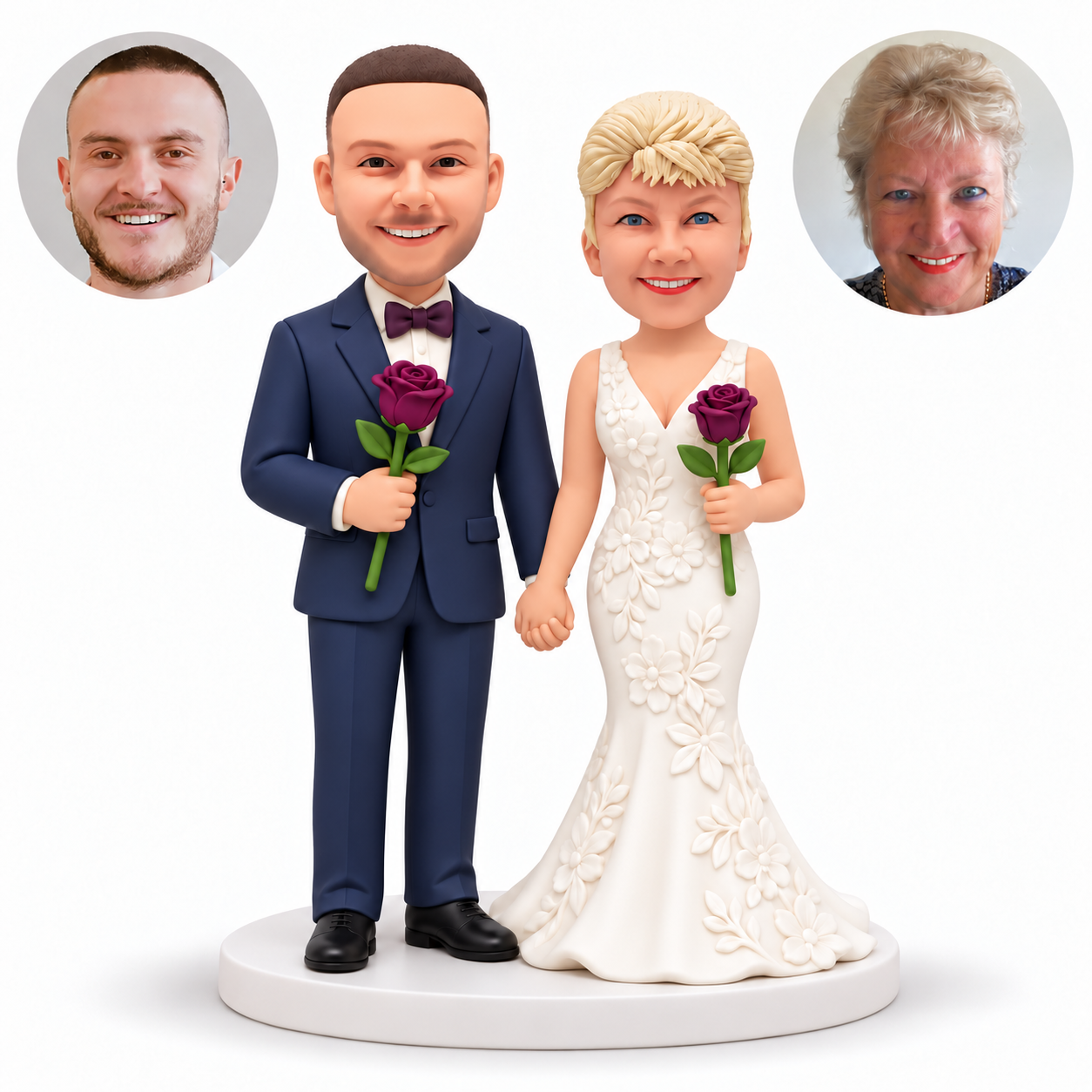 custom bobblehead figures wedding couple holding hands low between them with each person carrying one separate long stem rose - MGA-AC1431