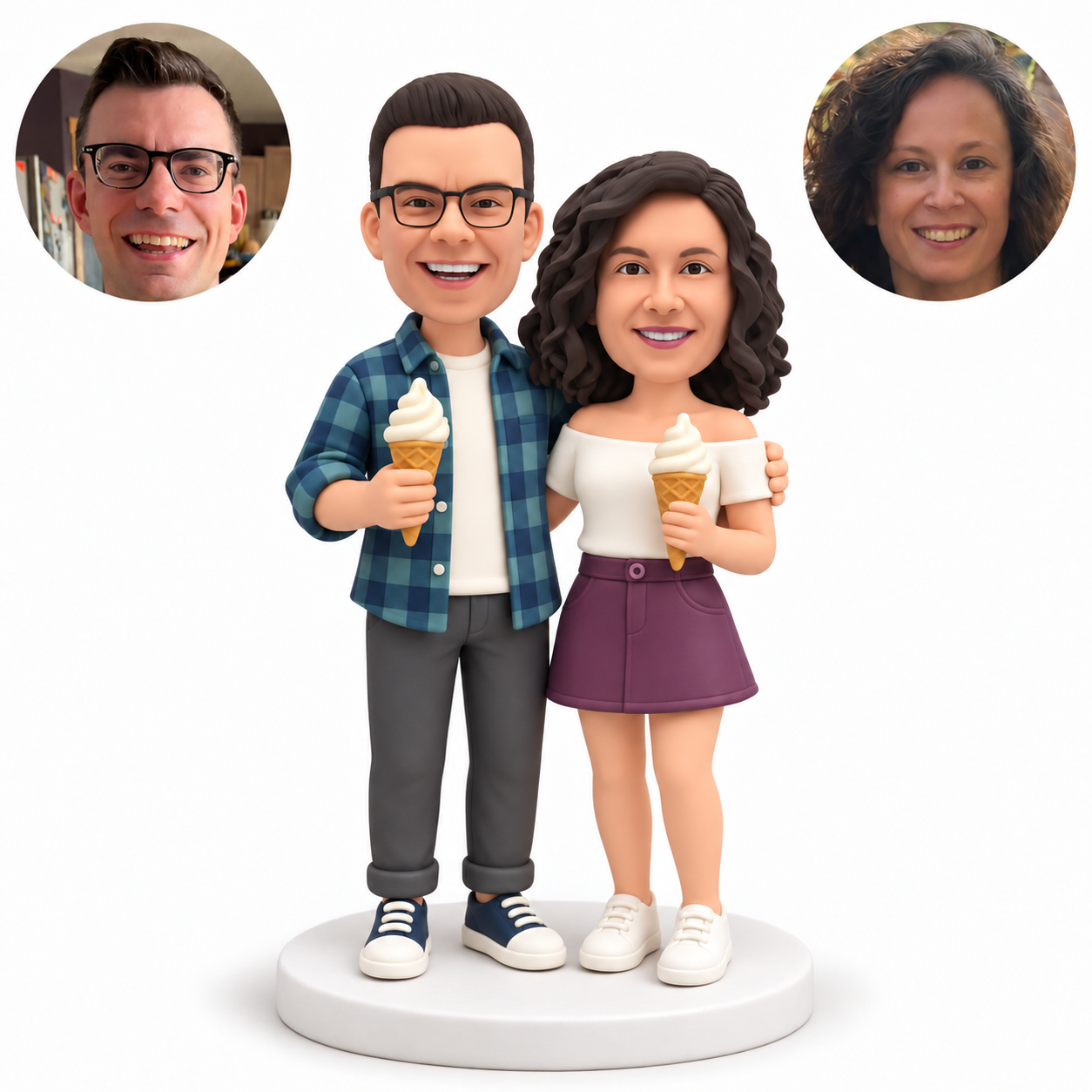 Custom Couple Holding Ice Cream Cones with Shoulder Embrace Bobbleheads - MGA-AC1434