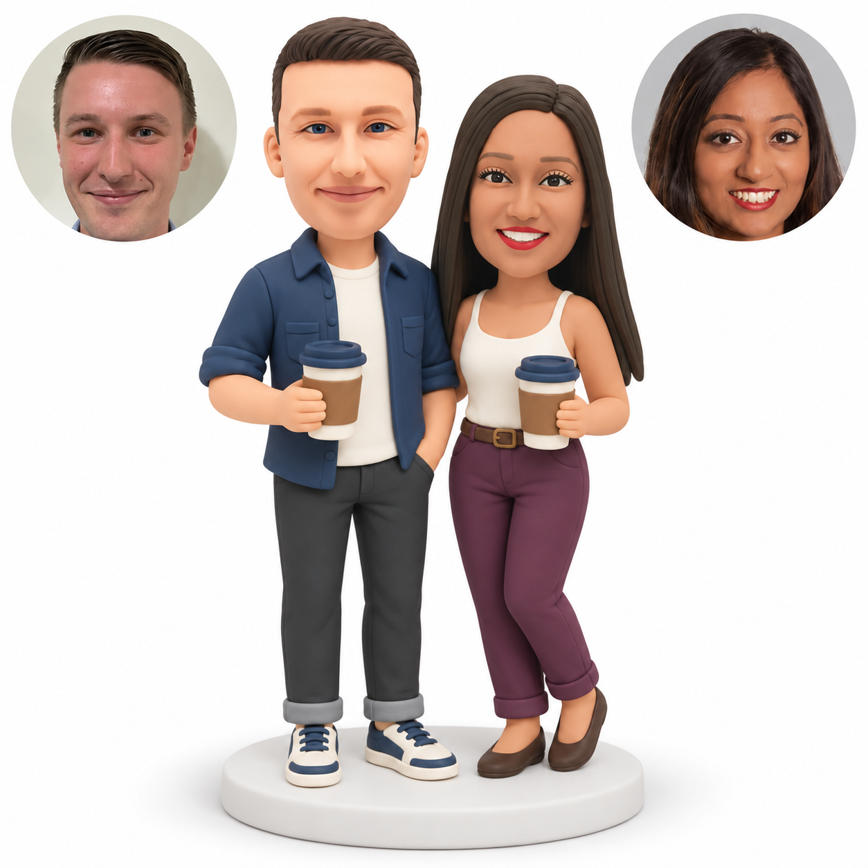 Two custom polymer clay bobblehead figures with matching photo portraits MGA-AC1447