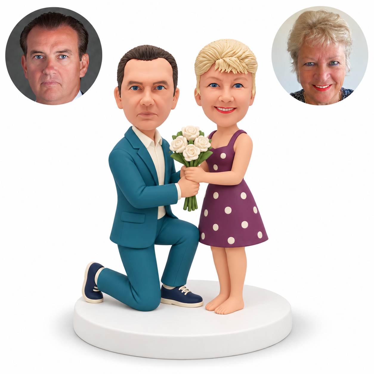 MGA-AC1454 custom couple bobblehead figures with original clay heads and matching photo circles