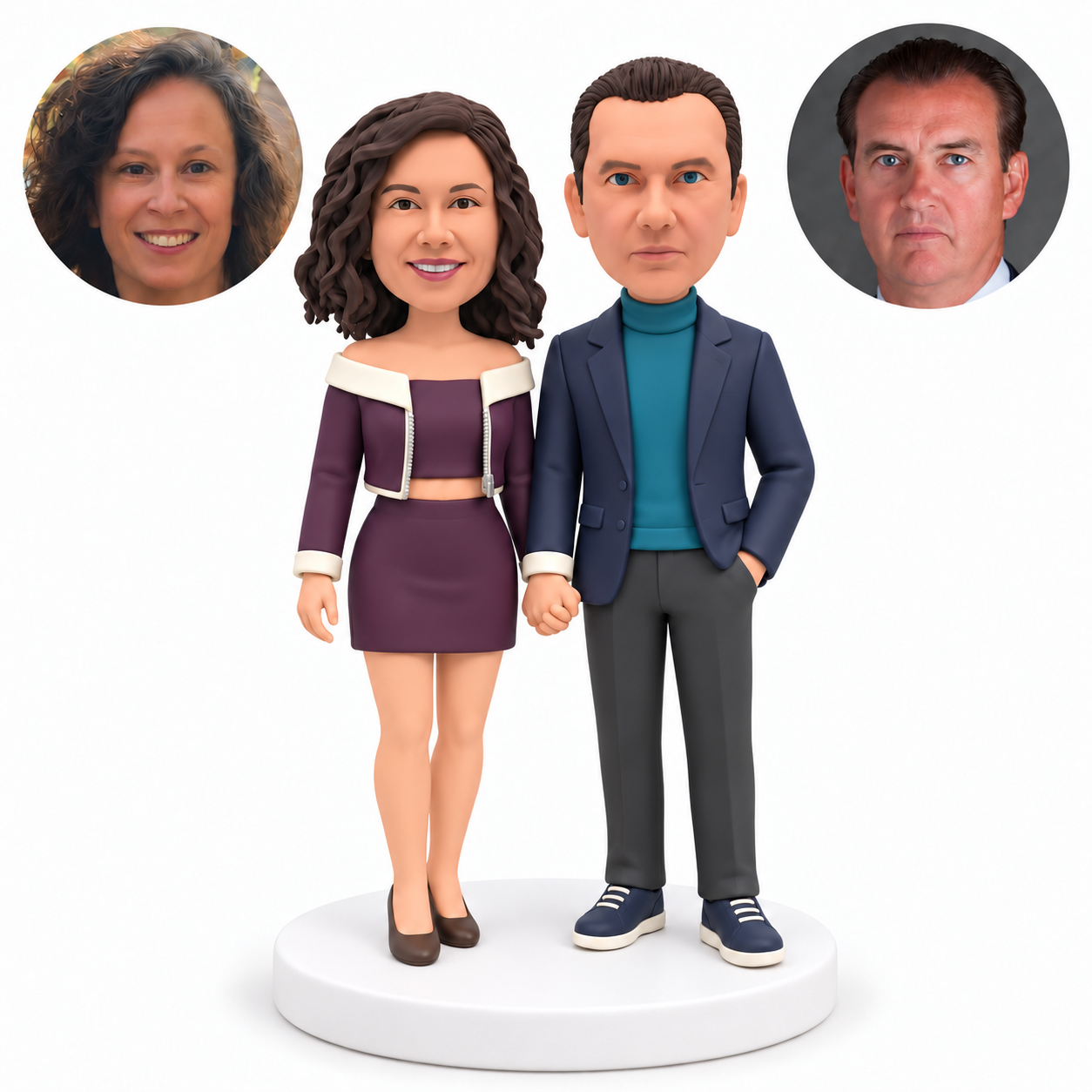 custom bobblehead figures couple holding hands with the woman in a cropped jacket and short skirt and the man keeping one hand in his pocket