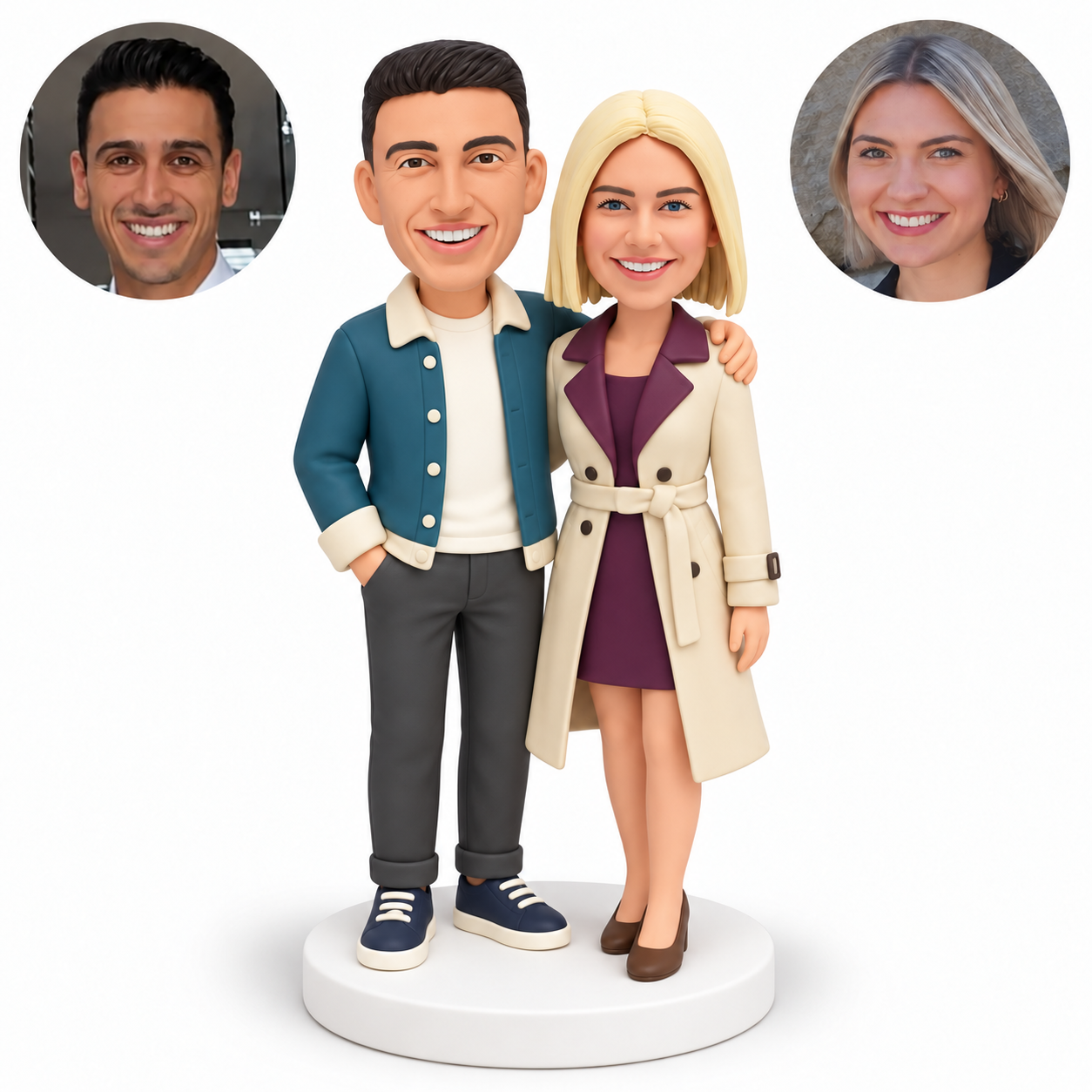 custom bobblehead figures couple with the man in a short jacket embracing the woman in a belted trench coat at her shoulder