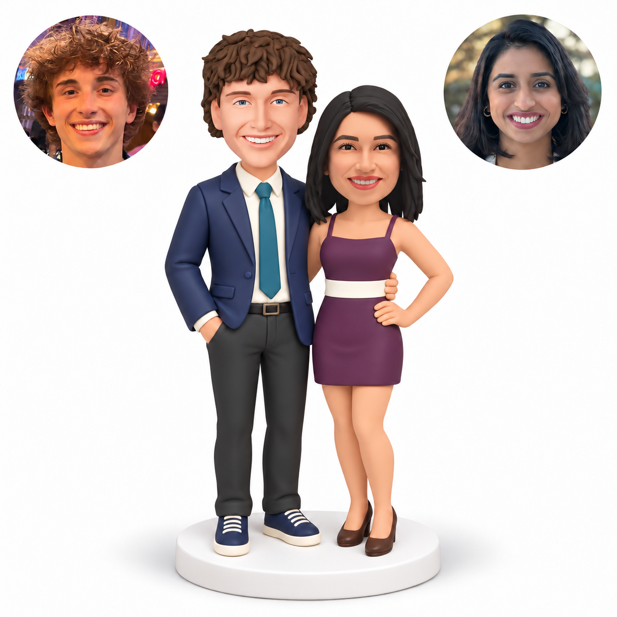custom bobblehead figures couple with a suited man embracing the woman in a short dress as she rests one hand on her hip