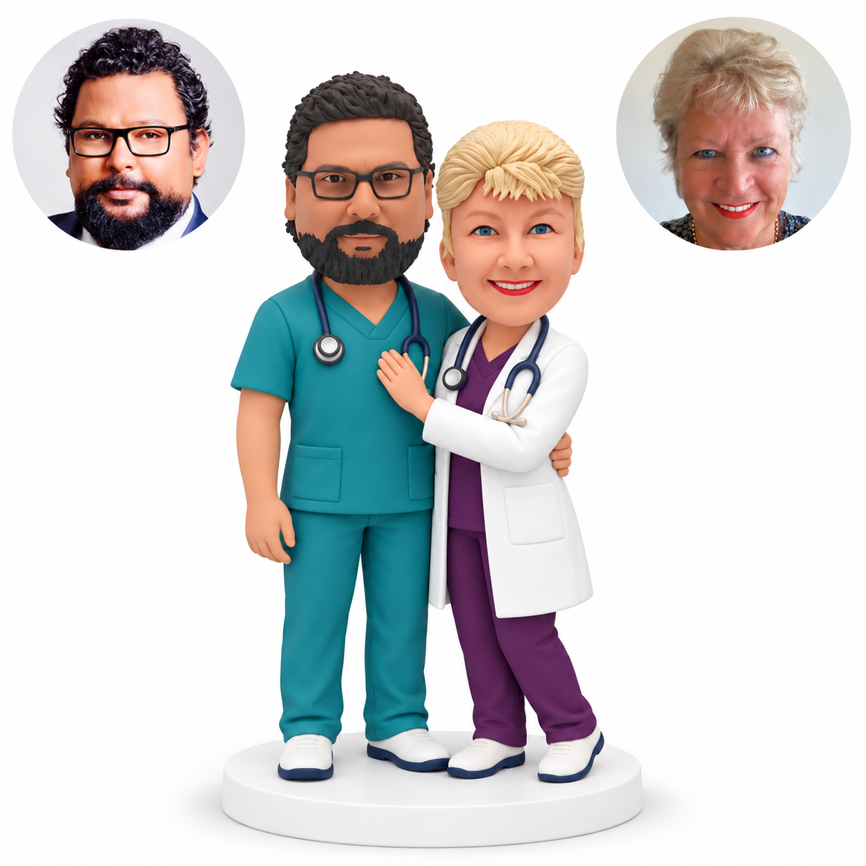 custom bobblehead figures doctor couple embracing with the man in scrubs and the woman in a lab coat resting one hand on his chest