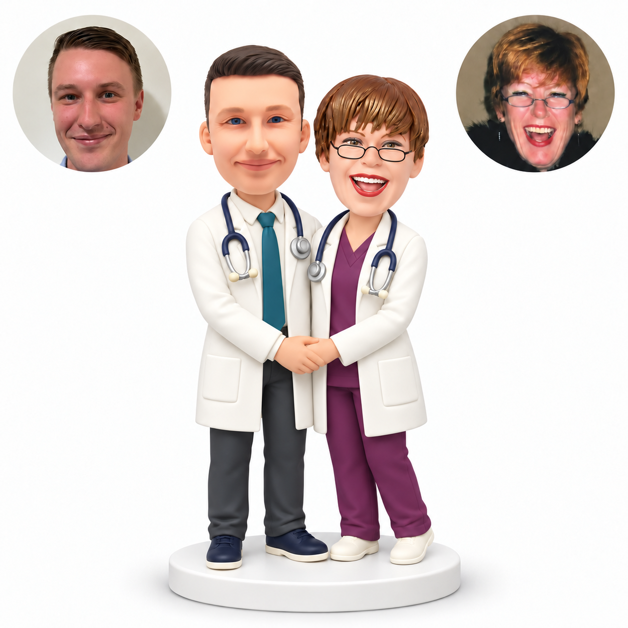 custom bobblehead figures doctor couple in lab coats with a waist embrace and their outer hands clasped in front