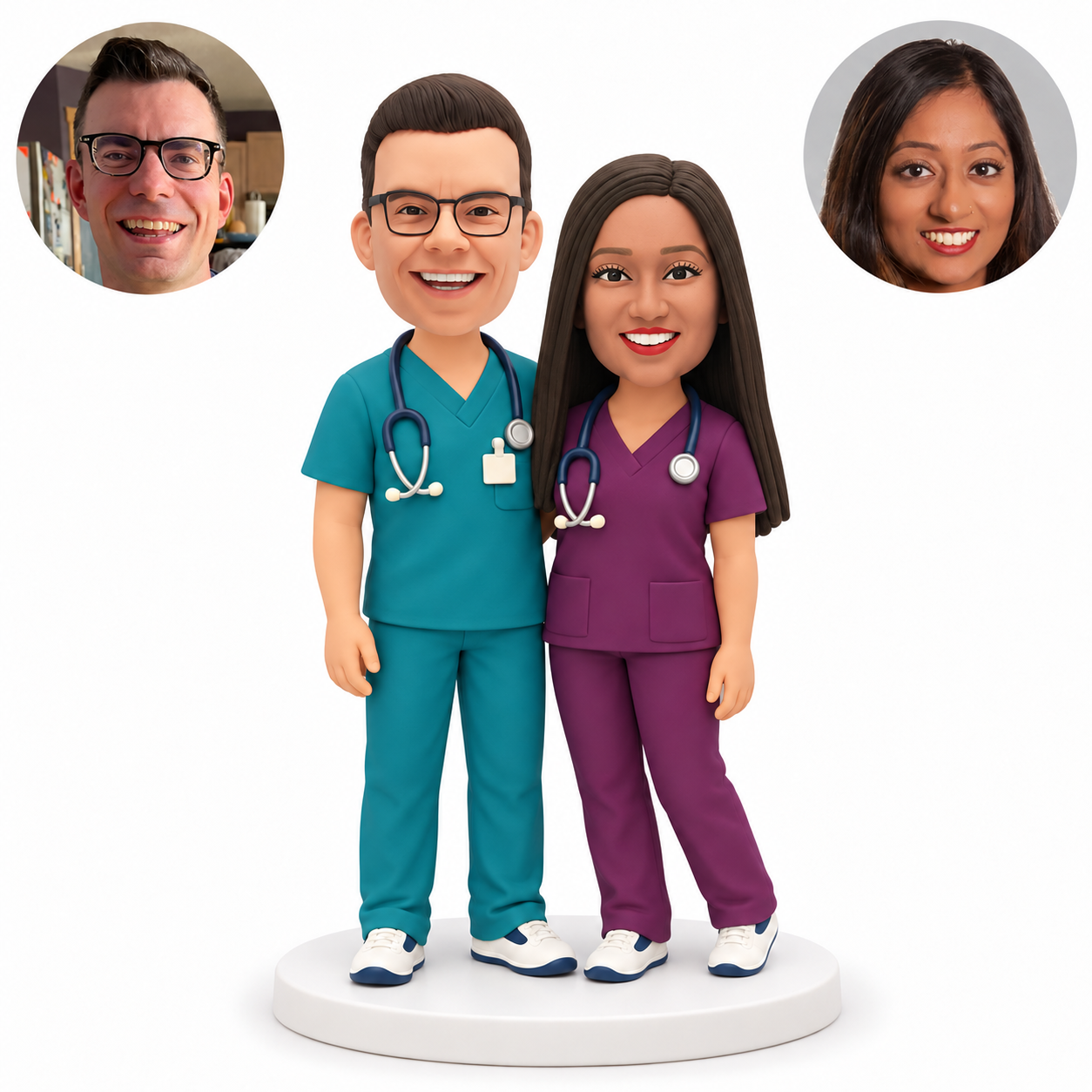 custom bobblehead figures doctor couple in scrubs with a waist embrace and both outer arms lowered