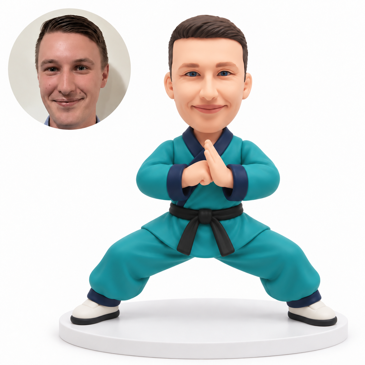 custom bobblehead figure male martial artist in a wide horse stance making a fist and palm salute at his chest - original own-site polymer clay head and matched photo