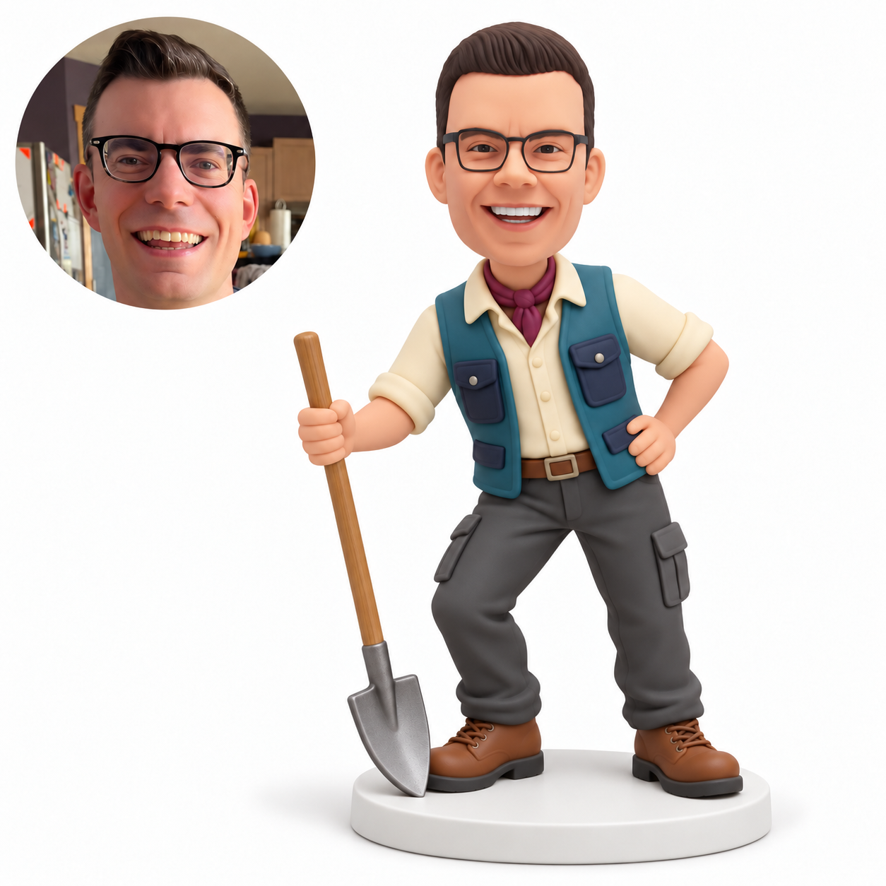 custom bobblehead figure male farmer in a vest leaning on a shovel with his other hand on his hip - original own-site polymer clay head and matched photo