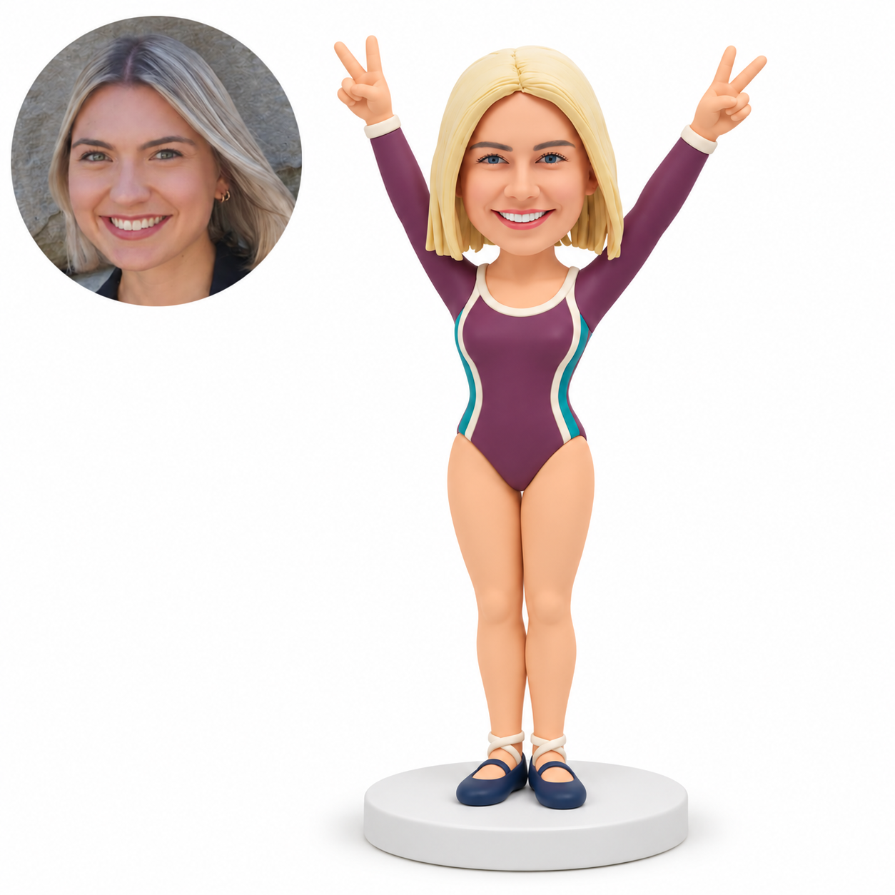 custom bobblehead figure female gymnast in a long sleeve leotard with both arms raised and both hands making peace signs