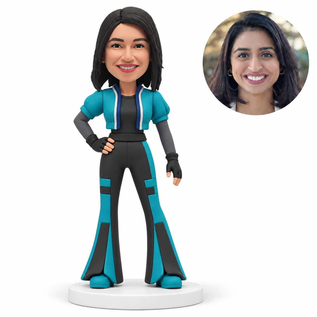custom bobblehead figure woman in a cropped padded hero jacket and flared paneled trousers with one hand on her hip