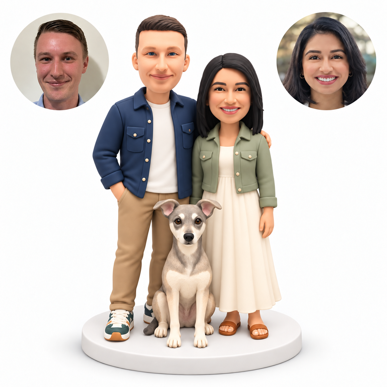 custom bobbleheads figures casual couple with arms around each other and a seated dog