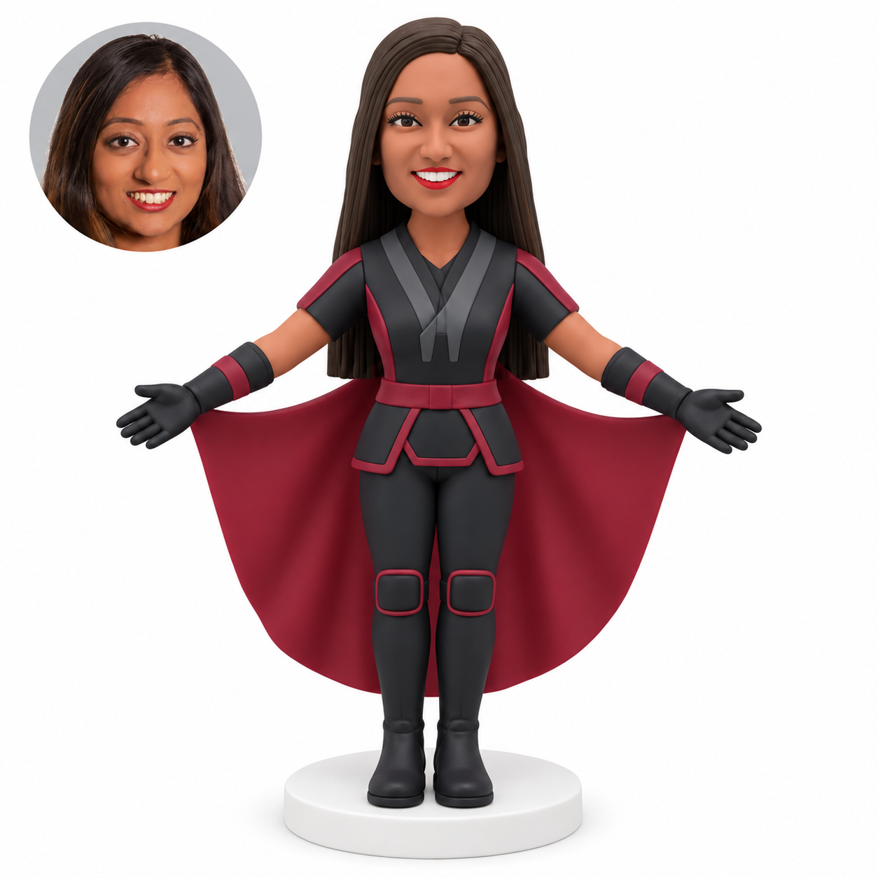custom bobblehead figure female hero in a fitted costume and cape with both arms spread outward