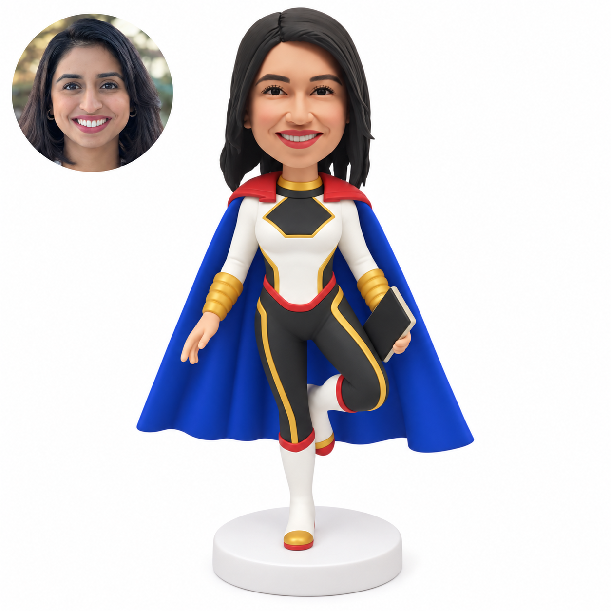 custom bobblehead figure female hero in a cape balancing on one leg with a rectangular accessory at her side