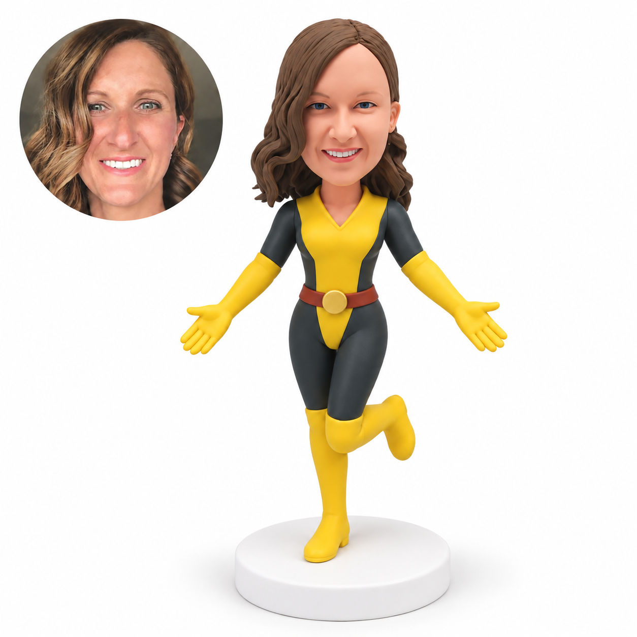 custom bobblehead figure female hero balancing on one leg with both open palms spread low