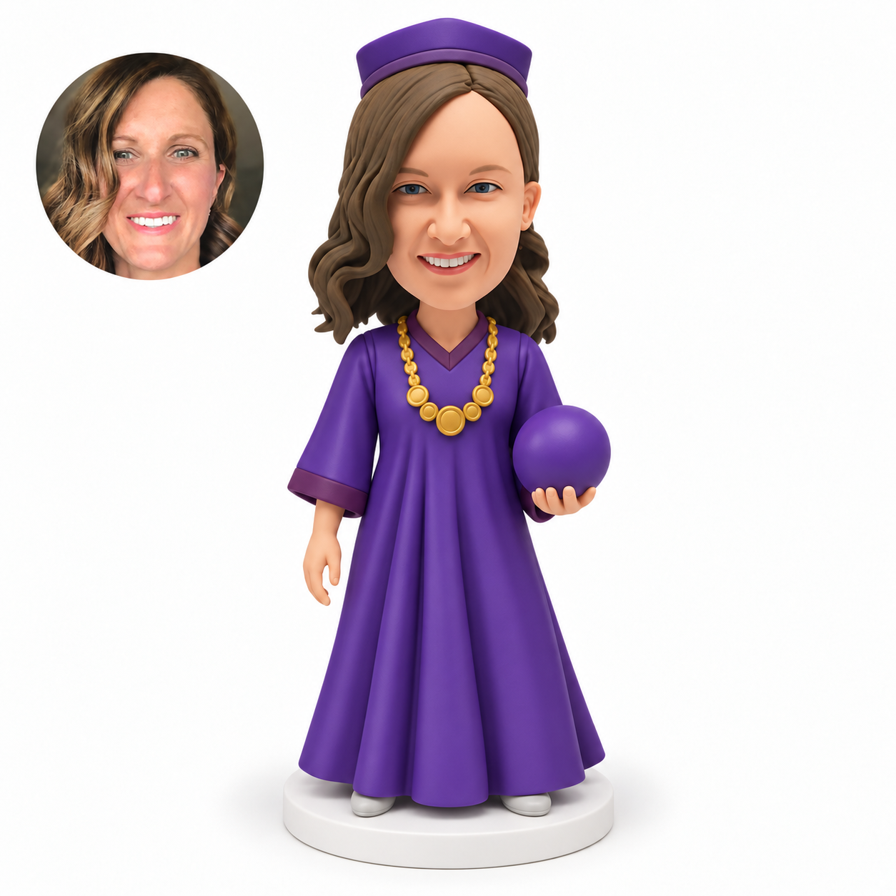 custom bobblehead figure woman in a full-length ceremonial gown holding a round ball at her waist with her other arm down