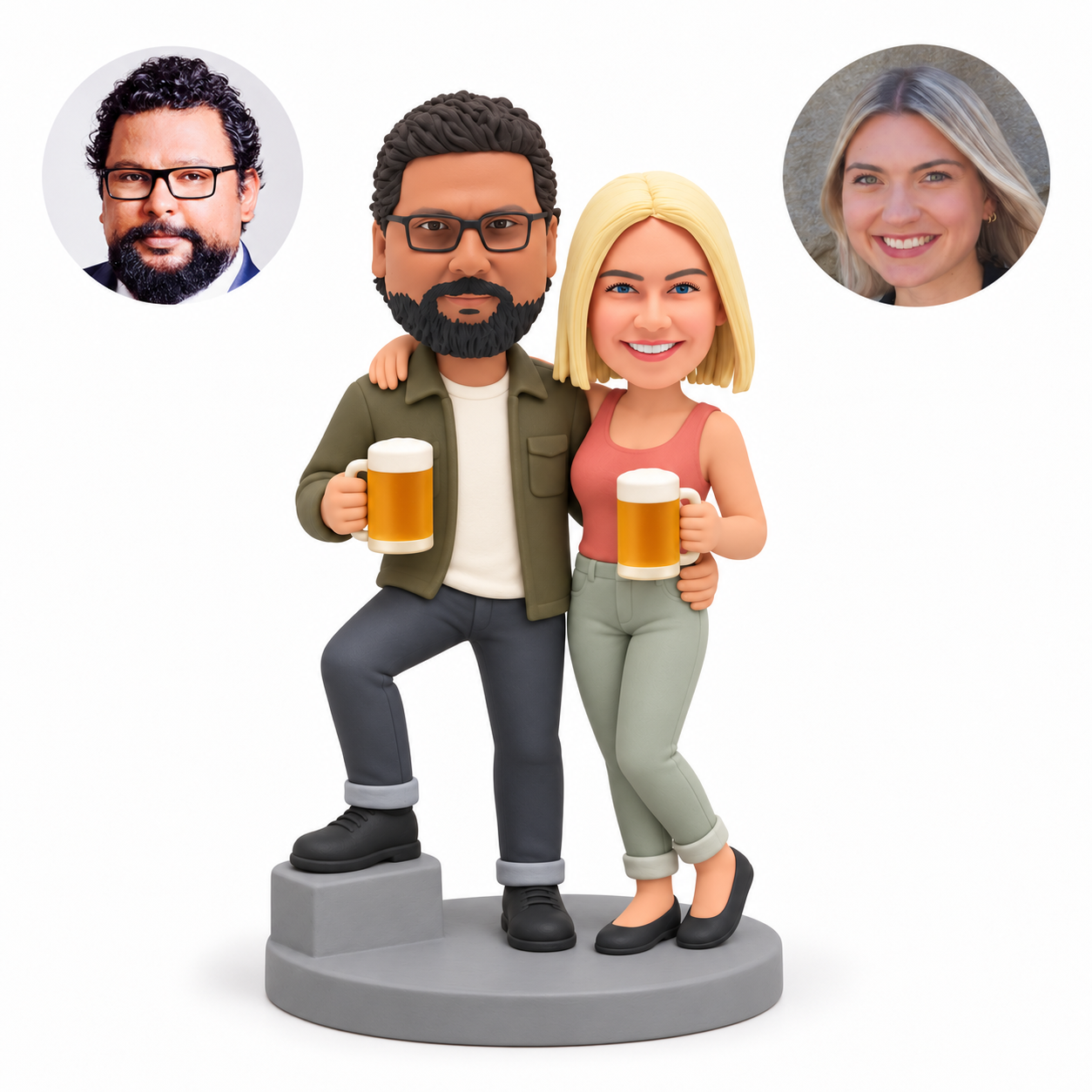 custom bobbleheads figures couple holding beer mugs with the man resting one foot on a low step