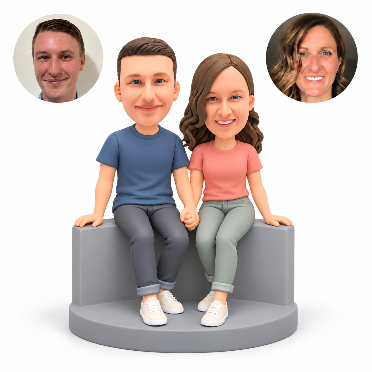 custom bobbleheads figures couple sitting on a low wall and holding hands between them
