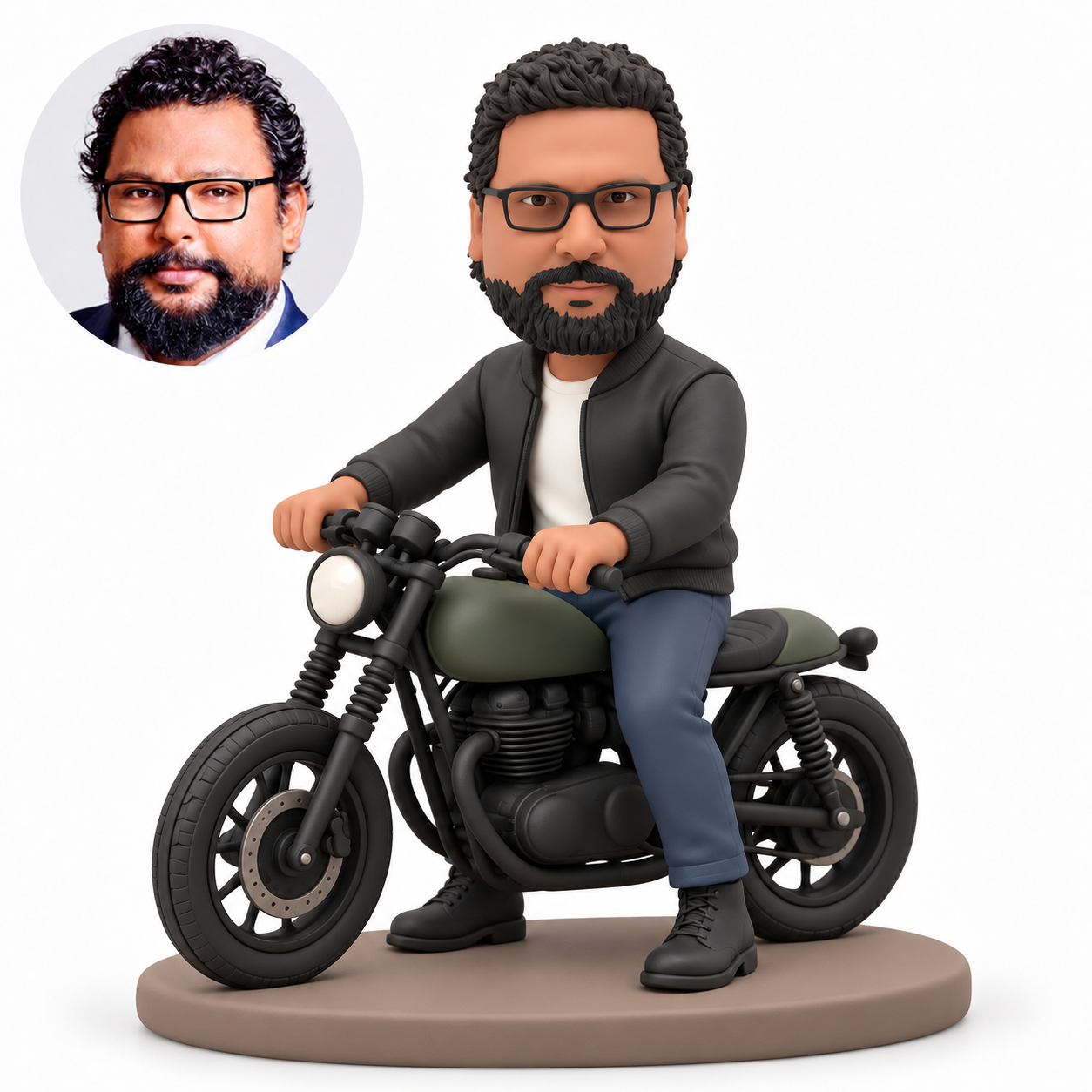Man seated on a classic motorcycle gripping both handlebars, custom polymer-clay bobblehead figure