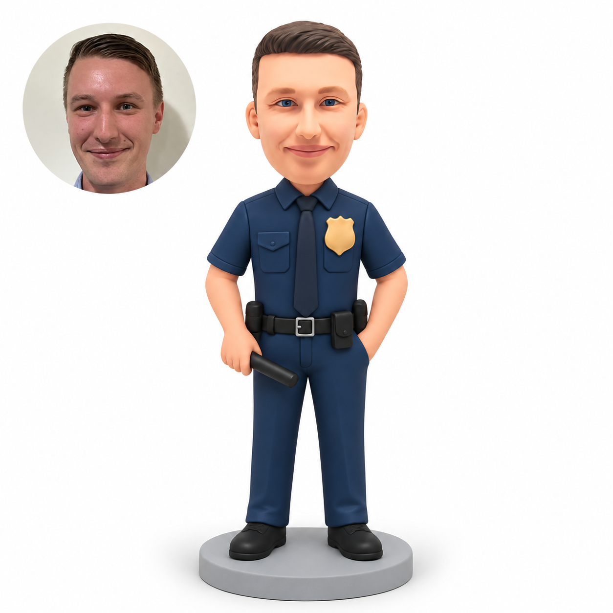 custom bobblehead figure male police officer holding a short black prop baton with his other hand in a pocket