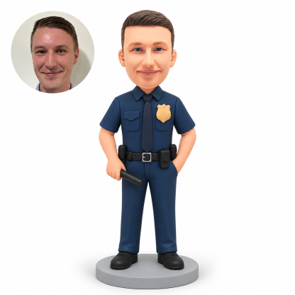 custom bobblehead figure male police officer holding a short black prop baton with his other hand in a pocket